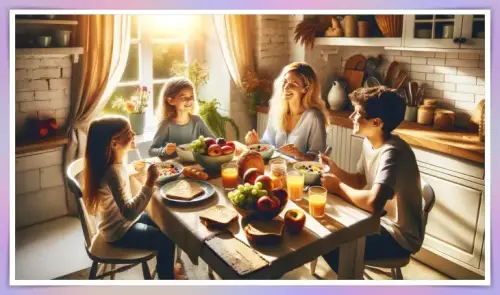가족과 함께 평화로운 모습으로 아침식사를 하는 이미지