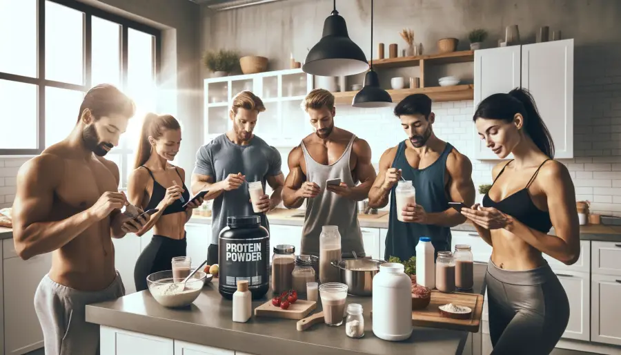 다양한 사람들이 건강한 생활 방식을 즐기며 단백질 파우더를 섭취하는 모습의 이미지