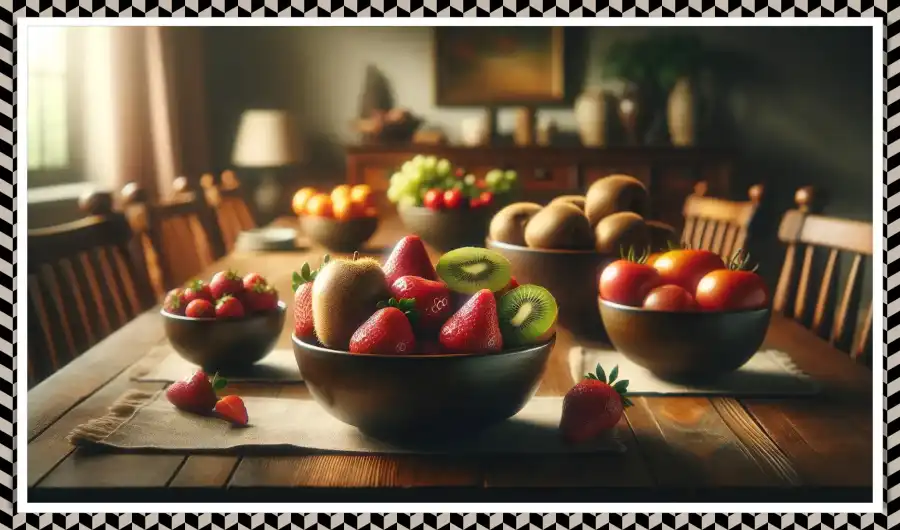 딸기 토마토 키위등 다양한 과일들이 그릇에 담겨있는 이미지