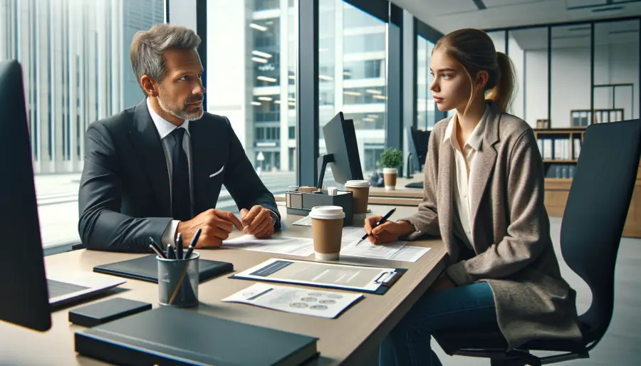 중년의 남성 은행직원과 젊은 여성이 서류와 커피잔이 놓인 책상에 앉아 상담을 하는 이미지