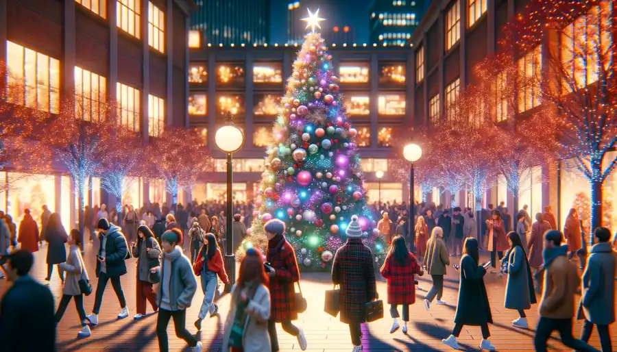 크리스마스 트리가 화려하게 장식된 거리에서 사람들이 활기차게 걸어가는 이미지