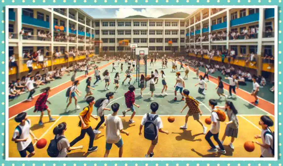 학교 농구장에서 학생들이 농구하는 이미지